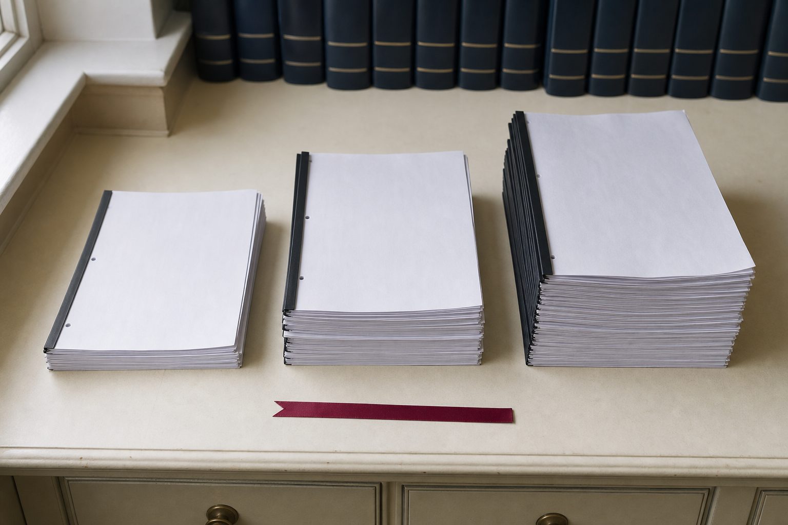 Three stacks of council minutes of increasing thickness on a cream desk with navy binders behind
