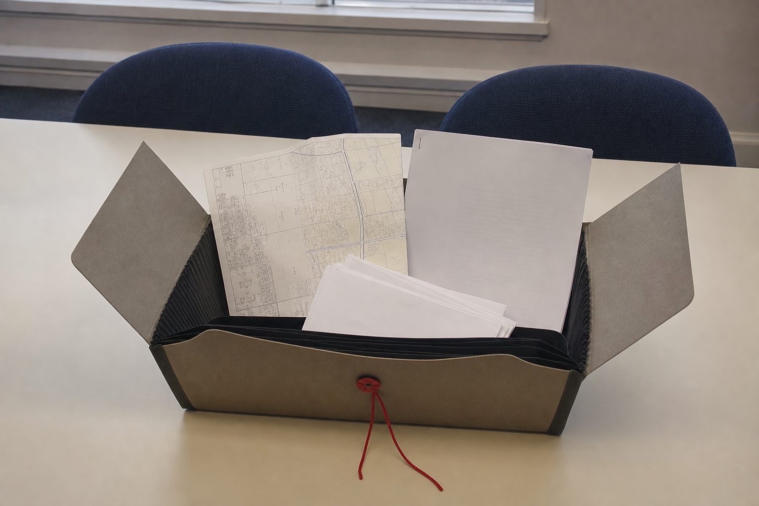 Open accordion file with a folded plat map, mailed notice cards, and a staff report on a cream table