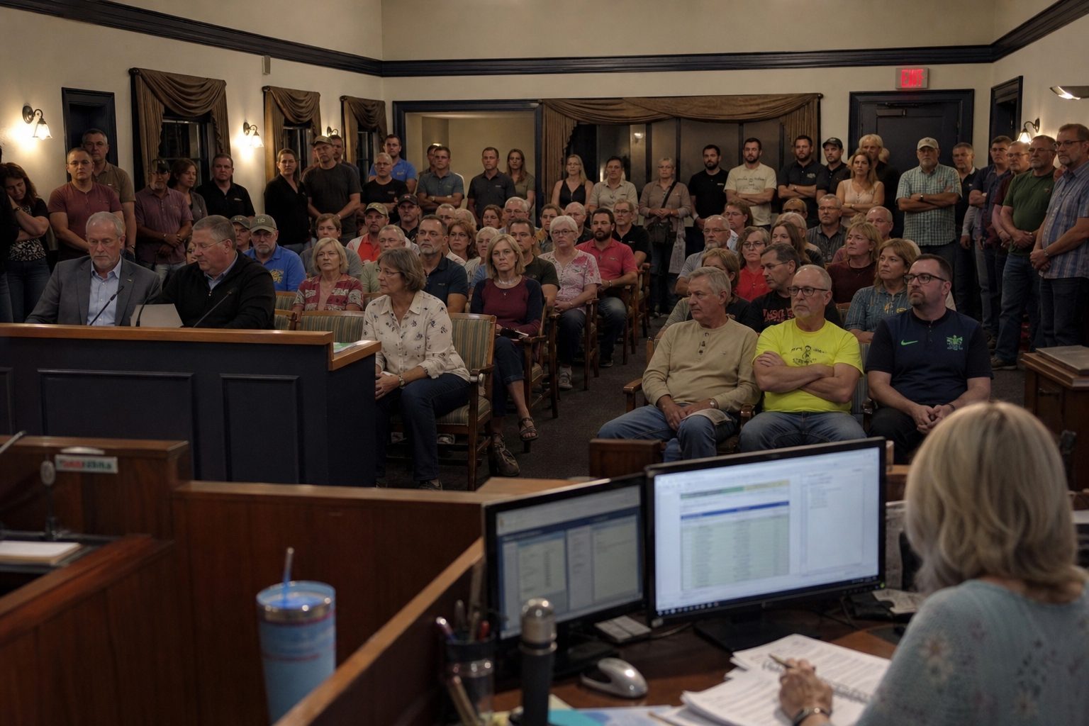 Crowded evening council chamber seen from behind the clerk's station at a navy paneled dais
