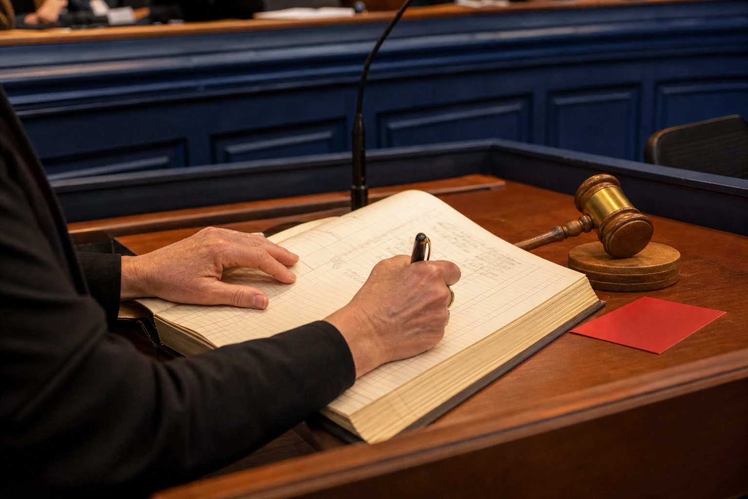Clerk's hands writing in a ruled minute ledger beside a brass gavel at a navy council dais