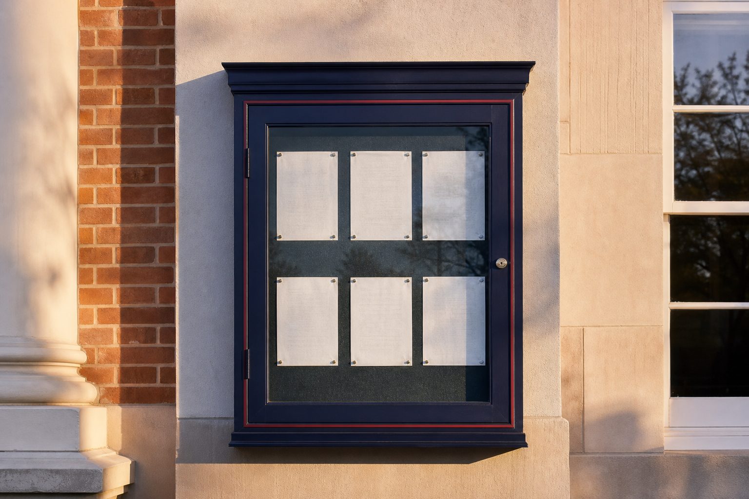 Glass public notice case outside a brick town hall holding pinned paper meeting agendas