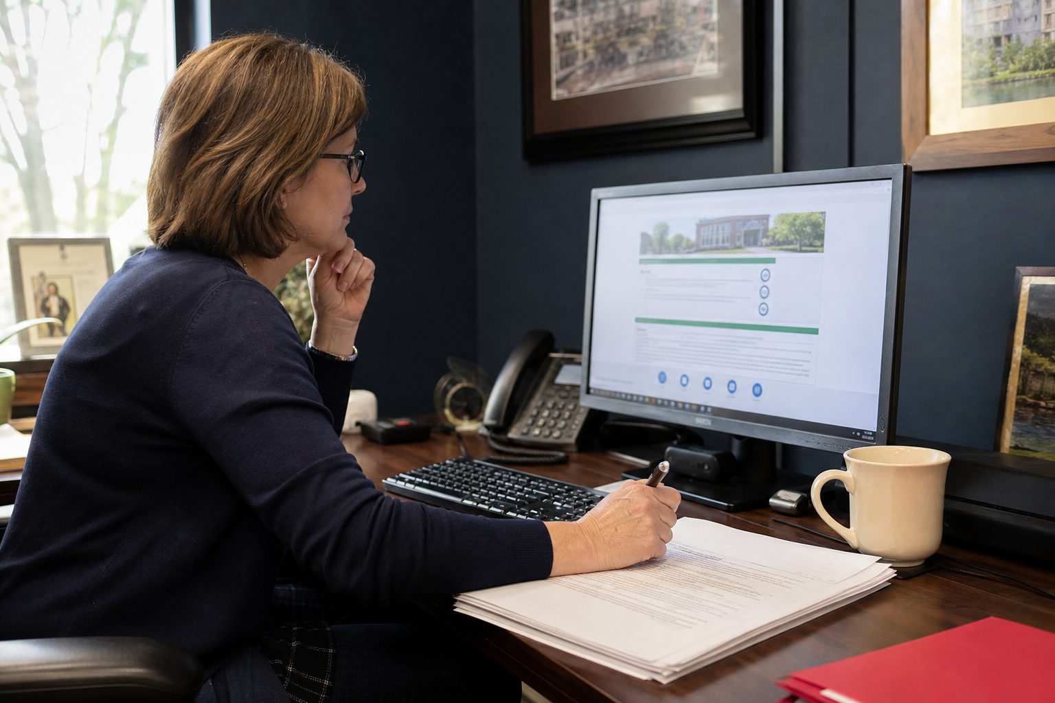 Municipal clerk reviewing a town website on a desktop monitor beside a printed agenda packet