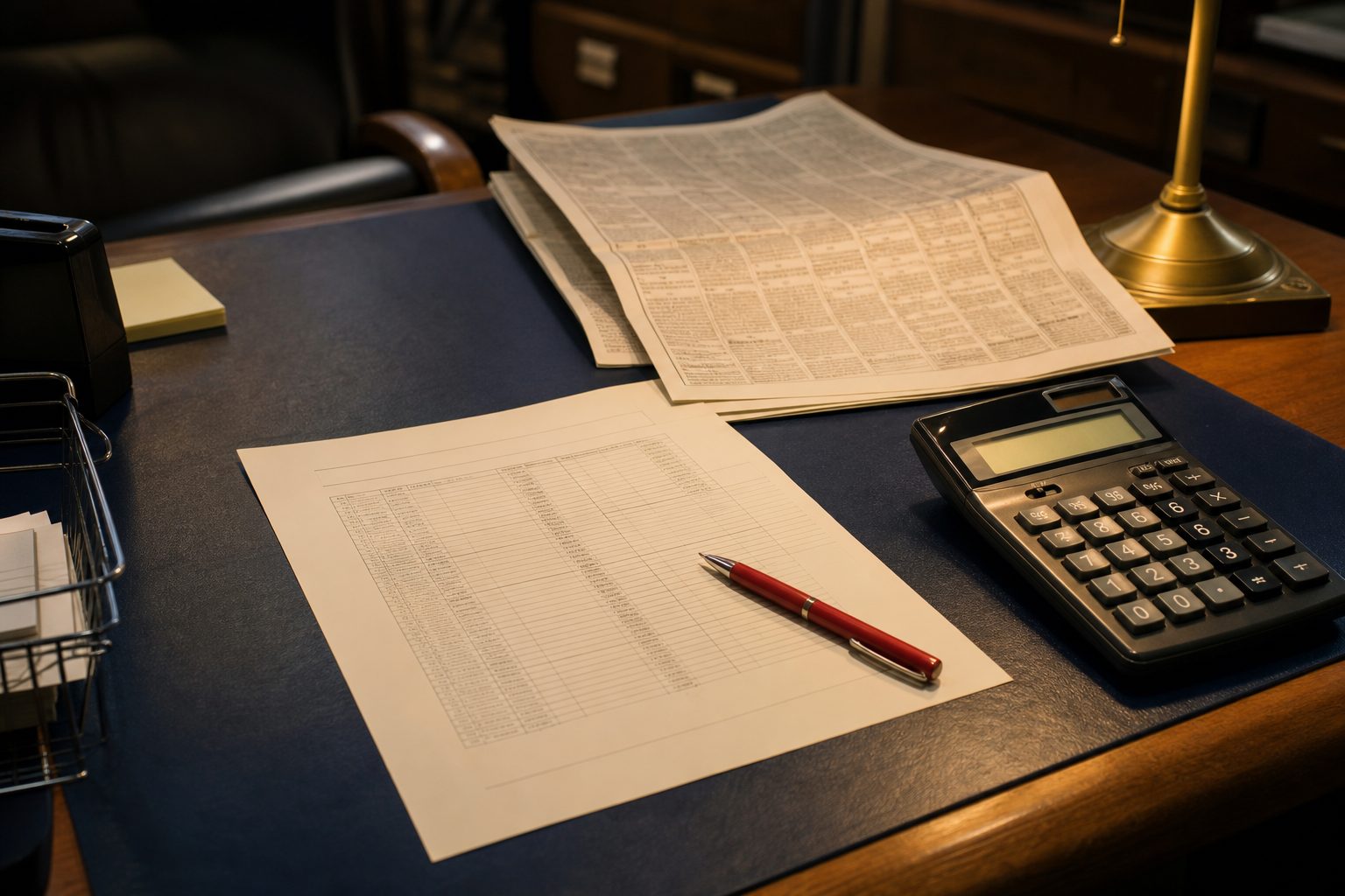 Budget worksheet, ten key calculator, and a folded newspaper on a navy blotter at a finance desk