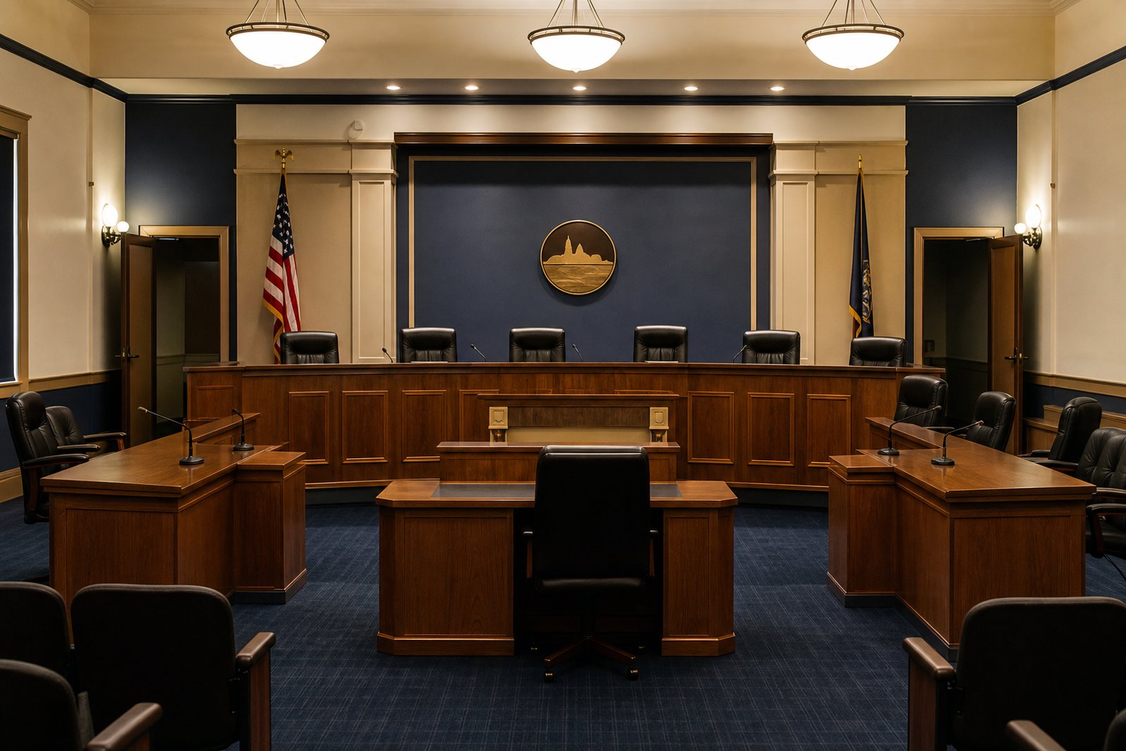 Empty small town council chamber with wooden desks, table microphones and civic flags under warm overhead lighting before a regular session